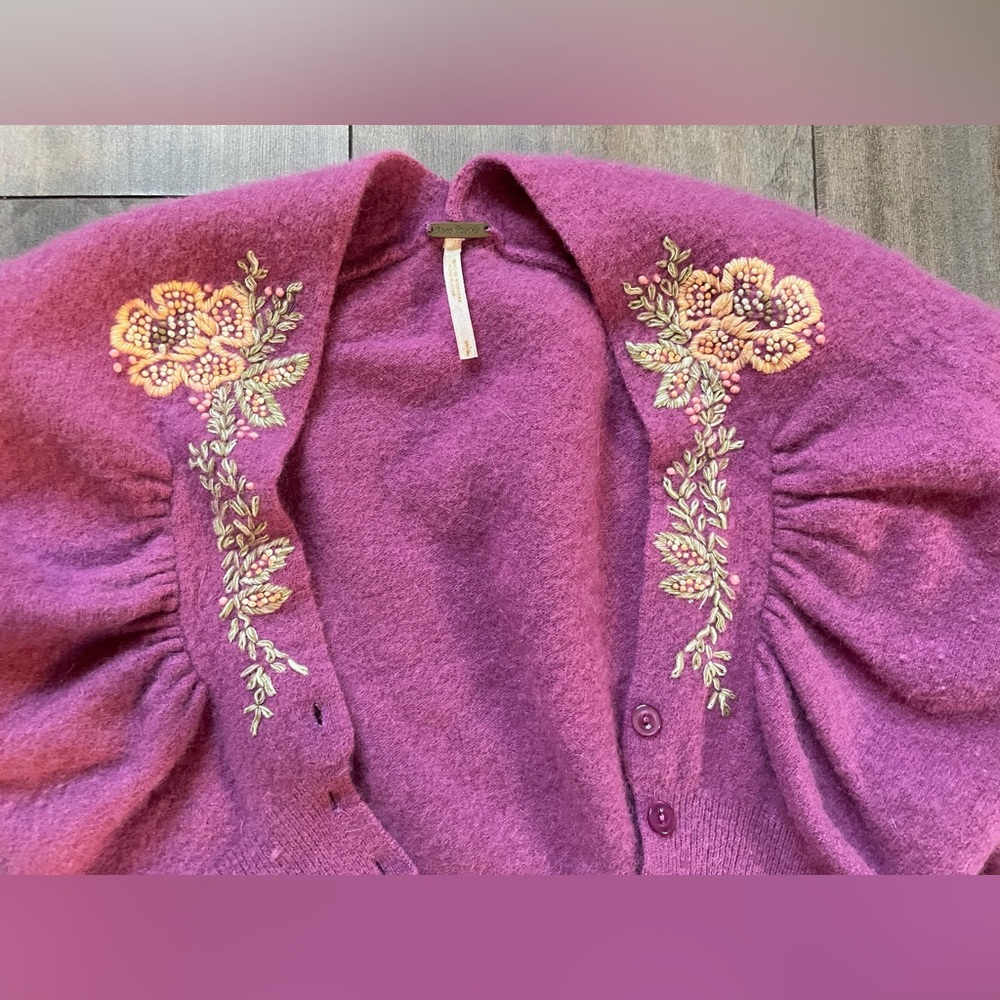 Free People Women’s Shrug/sweater embroidered lambs wool blend V neck